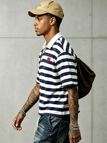 Resyla Men Men's Striped Patchwork Heart Pattern Casual Daily Wear T-Shirt - White - View 3