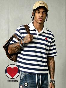 Resyla Men Men's Striped Patchwork Heart Pattern Casual Daily Wear T-Shirt - White - View 5