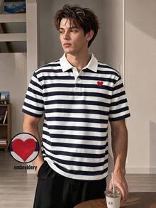 Resyla Men Men's Striped Patchwork Heart Pattern Casual Daily Wear T-Shirt - White - View 1