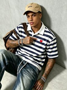 Resyla Men Men's Striped Patchwork Heart Pattern Casual Daily Wear T-Shirt - White - View 4