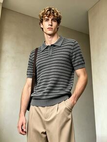 Resyla Men Retro Streetwear Casual 80s Grey Colorblock Old Money Commute Date Night Wedding Vacation Beach Knit Polo Collar Pullover Sweater Summer - Grey - View 5