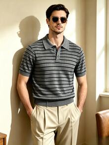 Resyla Men Retro Streetwear Casual 80s Grey Colorblock Old Money Commute Date Night Wedding Vacation Beach Knit Polo Collar Pullover Sweater Summer - Grey - View 8