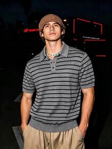 Resyla Men Retro Streetwear Casual 80s Grey Colorblock Old Money Commute Date Night Wedding Vacation Beach Knit Polo Collar Pullover Sweater Summer - Grey - View 7