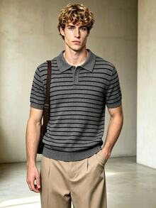 Resyla Men Retro Streetwear Casual 80s Grey Colorblock Old Money Commute Date Night Wedding Vacation Beach Knit Polo Collar Pullover Sweater Summer - Grey - View 4