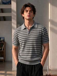 Resyla Men Retro Streetwear Casual 80s Grey Colorblock Old Money Commute Date Night Wedding Vacation Beach Knit Polo Collar Pullover Sweater Summer - Grey - View 2