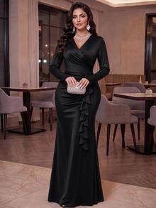SHEIN Lady CURVE Đầm tay dài trang trí bèo nhún thanh lịch size lớn cho mùa thu - màu đen - Xem 1