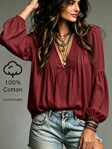 SHEIN Franclia 乳白色水洗紋理布料深V領雙面多褶皺肩部微花瓣袖拼接抓皺寬鬆燈籠中袖A字喇叭女上衣 - 酒紅色 - 查看 6