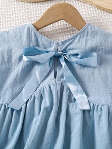 SHEIN LMoss Kids LMoss Young Girl Young Girl Woven Solid Color Loose Casual Blouse With Round Neck & Bowtie - White - View 5