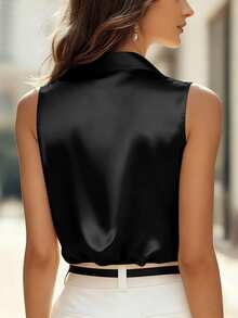 Balvessa Elegant Solid Color V-Neck Satin Camisole For Commuting, Summer - Black - View 3