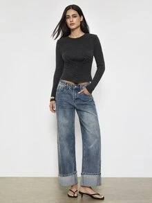 Maija Women's Fashion Street Front Button Long Sleeve T-Shirt - Black - View 6