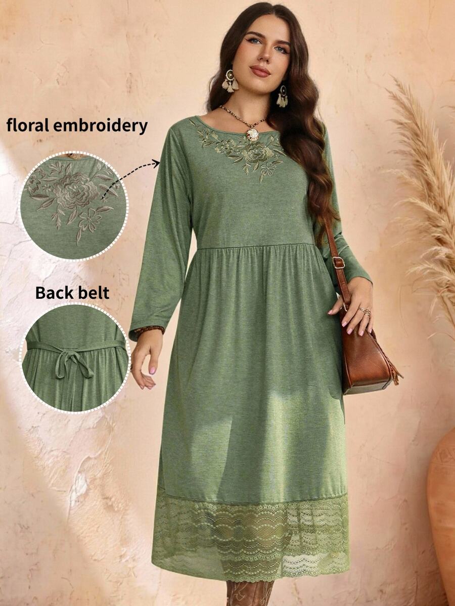 EMERY ROSE Plus Size Women's Embroidered Lace Patchwork Elegant Dress Fall Winter 2026 Green Round Neck Embroidered Lace Patchwork Long-Sleeved Dress - Multicolor - View 1