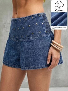 Bohemela Women's Studded Decor Casual Daily Wear Shorts - Blue - View 1