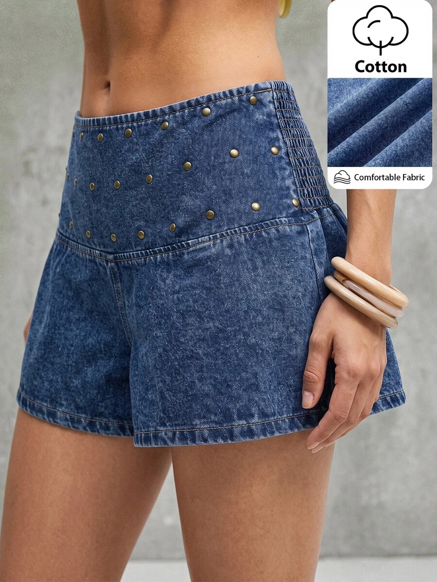 Bohemela Women's Studded Decor Casual Daily Wear Shorts - Blue - View 1