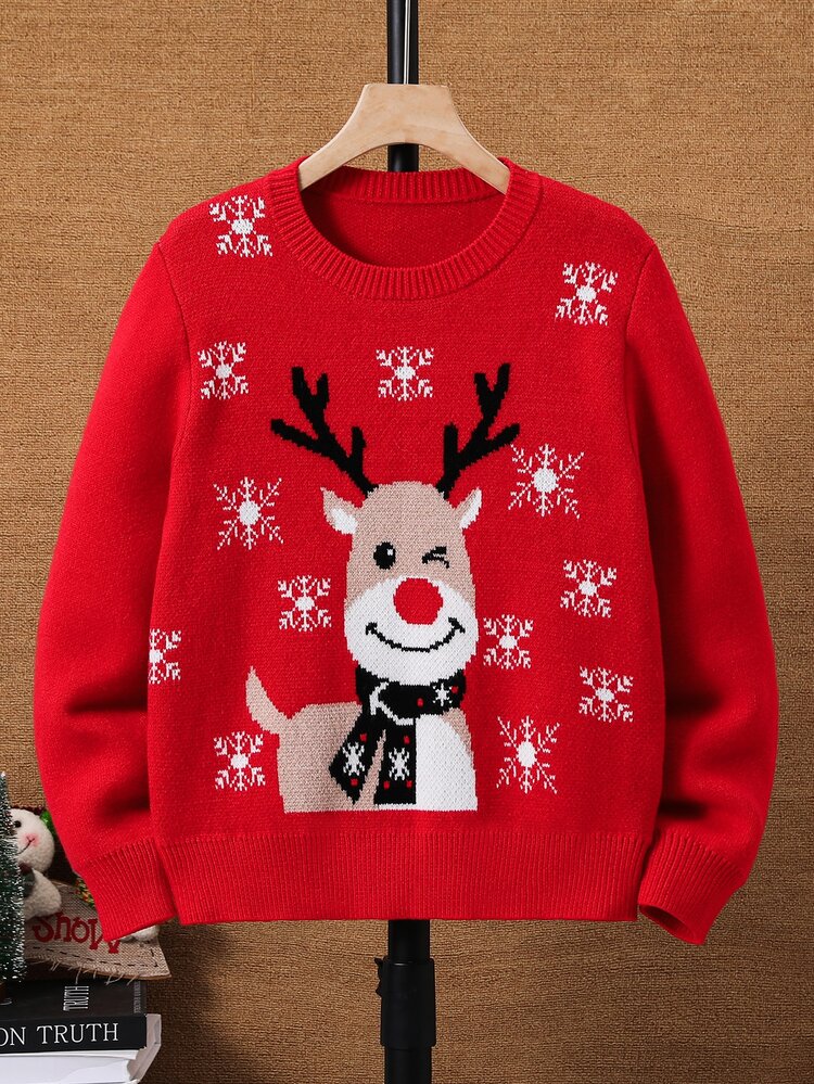 SHEIN Tween Boy Casual College Style Crew Neck Long Sleeve Red Christmas Sweater, Suitable For Commuting, School, Daily Casual Wear, Sports, Autumn/Winter Season, Christmas - Red - View 2