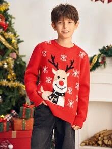 SHEIN 青少年男孩休閒學院風圓領長袖紅色聖誕毛衣，適合通勤、上學、日常休閒穿著、運動，秋冬季節，聖誕節 - 紅色 - 查看 10