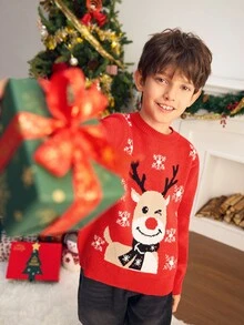 SHEIN 青少年男孩休閒學院風圓領長袖紅色聖誕毛衣，適合通勤、上學、日常休閒穿著、運動，秋冬季節，聖誕節 - 紅色 - 查看 6