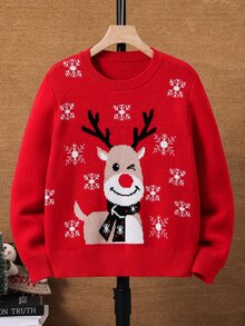 SHEIN 青少年男孩休閒學院風圓領長袖紅色聖誕毛衣，適合通勤、上學、日常休閒穿著、運動，秋冬季節，聖誕節 - 紅色 - 查看 9