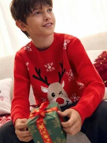 SHEIN 青少年男孩休閒學院風圓領長袖紅色聖誕毛衣，適合通勤、上學、日常休閒穿著、運動，秋冬季節，聖誕節 - 紅色 - 查看 7
