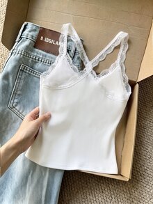 Resyla Women's Fashion Lace Patchwork Sweet Casual Basic Tank Top Everyday Home White Summer - Multicolor - View 2