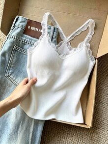 Resyla Women's Fashion Lace Patchwork Sweet Casual Basic Tank Top Everyday Home White Summer - Multicolor - View 1