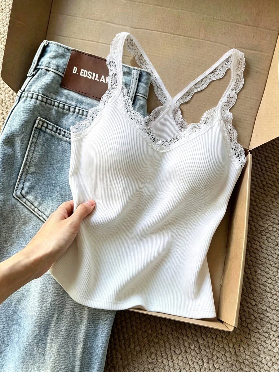Resyla Women's Fashion Lace Patchwork Sweet Casual Basic Tank Top Everyday Home White Summer - Multicolor - View 1