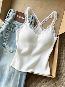 Resyla Women's Fashion Lace Patchwork Sweet Casual Basic Tank Top Everyday Home White Summer - Multicolor - View 3