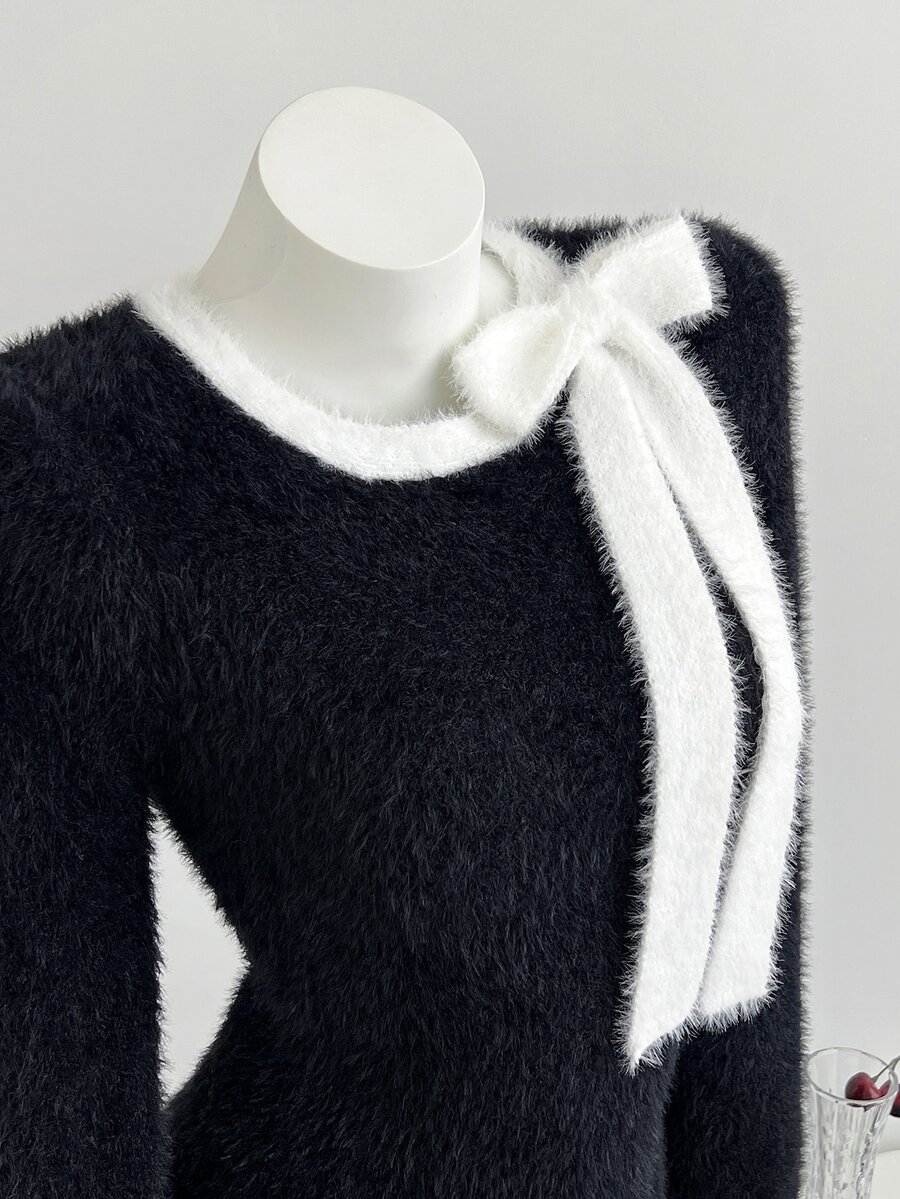 Elamini Women's Autumn/Winter Fashion Minimalist Versatile Daily Date Photo Slim Fit Decorative Bow Pullover Sweater - Black - View 1