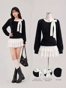 Elamini Women's Autumn/Winter Fashion Minimalist Versatile Daily Date Photo Slim Fit Decorative Bow Pullover Sweater - Black - View 3