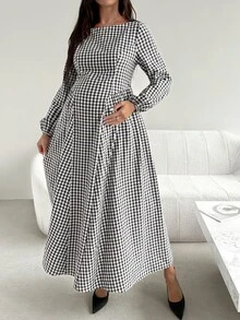 SHEIN Plaid Pleated Casual Party & Travel Dress For Pregnant Women Fall - Khaki - View 3