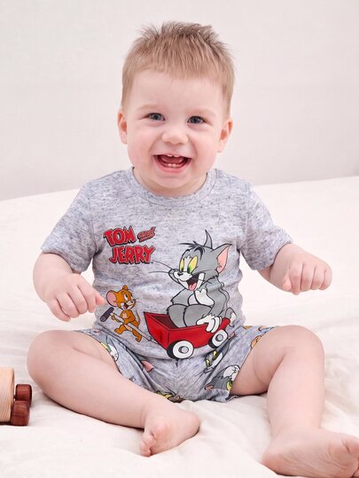 TOM & JERRY X SHEIN Baby Boy Cartoon Print Short Sleeve Top And Shorts Casual Daily Home Sleepwear Set