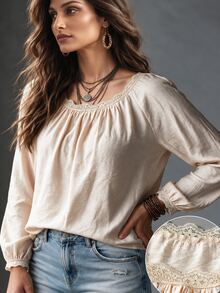 Linhara Plus Size Women's Textured Long Sleeve Blouse With Lace Trim On Collar And Cuffs - Khaki - View 8