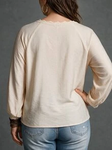 Linhara Plus Size Women's Textured Long Sleeve Blouse With Lace Trim On Collar And Cuffs - Khaki - View 2