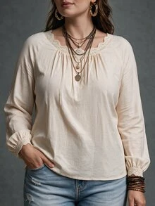 Linhara Plus Size Women's Textured Long Sleeve Blouse With Lace Trim On Collar And Cuffs - Khaki - View 6