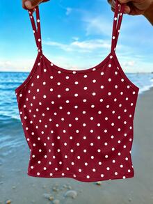 SHEIN Tween Girls Digital Polka Dot Pattern Camisole Tank Top, Spring Summer Casual Cute Comfortable Fashion Style, School Holiday Gift Daily Wear Burgundy - Multicolor - View 1