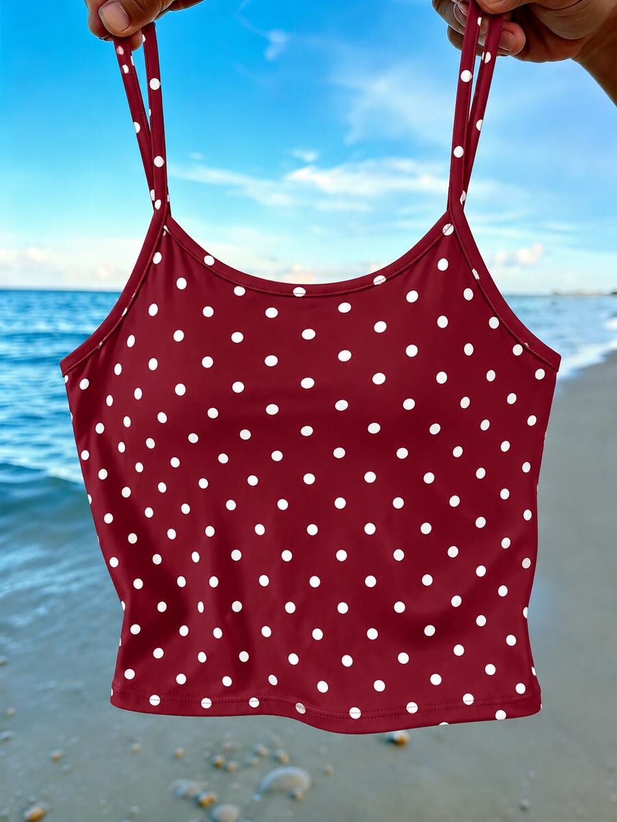 SHEIN Tween Girls Digital Polka Dot Pattern Camisole Tank Top, Spring Summer Casual Cute Comfortable Fashion Style, School Holiday Gift Daily Wear Burgundy - Multicolor - View 1