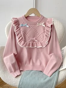SHEIN Tween Girl Tween Girl Tween Girl Autumn/Winter Elegant Cute Dopamine Pink 3D Bow Ruffle Pullover Sweater, Suitable For Daily Wear And Autumn/Winter Outings - Pink - View 2