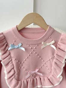 SHEIN Tween Girl Tween Girl Tween Girl Autumn/Winter Elegant Cute Dopamine Pink 3D Bow Ruffle Pullover Sweater, Suitable For Daily Wear And Autumn/Winter Outings - Pink - View 4