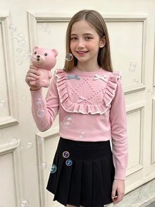 SHEIN Tween Girl Tween Girl Tween Girl Autumn/Winter Elegant Cute Dopamine Pink 3D Bow Ruffle Pullover Sweater, Suitable For Daily Wear And Autumn/Winter Outings - Pink - View 3