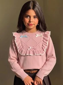 SHEIN Tween Girl Tween Girl Tween Girl Autumn/Winter Elegant Cute Dopamine Pink 3D Bow Ruffle Pullover Sweater, Suitable For Daily Wear And Autumn/Winter Outings - Pink - View 1