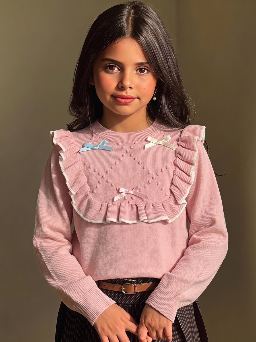 SHEIN Tween Girl Tween Girl Tween Girl Autumn/Winter Elegant Cute Dopamine Pink 3D Bow Ruffle Pullover Sweater, Suitable For Daily Wear And Autumn/Winter Outings - Pink - View 1