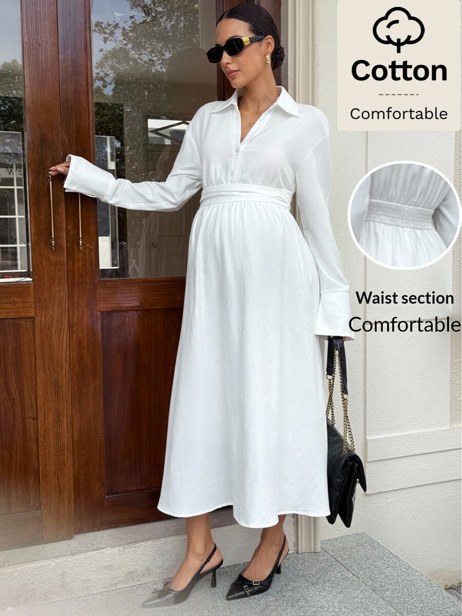 MaterniWear Đầm bầu màu trơn vai trễ tay dài phong cách thường ngày thanh lịch đi làm chụp ảnh mùa thu màu trắng