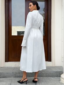 MaterniWear Đầm bầu màu trơn vai trễ tay dài phong cách thường ngày thanh lịch đi làm chụp ảnh mùa thu màu trắng - trắng - Xem 4