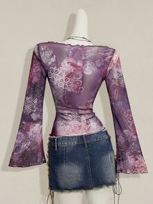 SHEIN ICON 秋季女士西部波西米亚风蓝绿色印花V领褶皱优雅长袖衬衫 - 紫色 - 查看 3