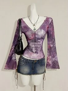 SHEIN ICON 秋季女士西部波西米亚风蓝绿色印花V领褶皱优雅长袖衬衫 - 紫色 - 查看 4
