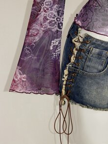 SHEIN ICON 秋季女士西部波西米亚风蓝绿色印花V领褶皱优雅长袖衬衫 - 紫色 - 查看 8