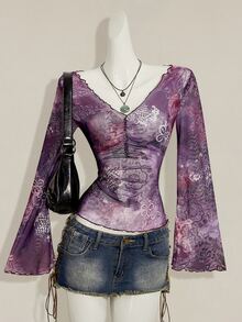 SHEIN ICON 秋季女士西部波西米亚风蓝绿色印花V领褶皱优雅长袖衬衫 - 紫色 - 查看 2