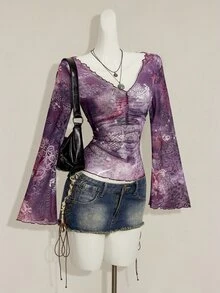 SHEIN ICON 秋季女士西部波西米亚风蓝绿色印花V领褶皱优雅长袖衬衫 - 紫色 - 查看 5