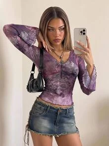 SHEIN ICON 秋季女士西部波西米亚风蓝绿色印花V领褶皱优雅长袖衬衫 - 紫色 - 查看 1