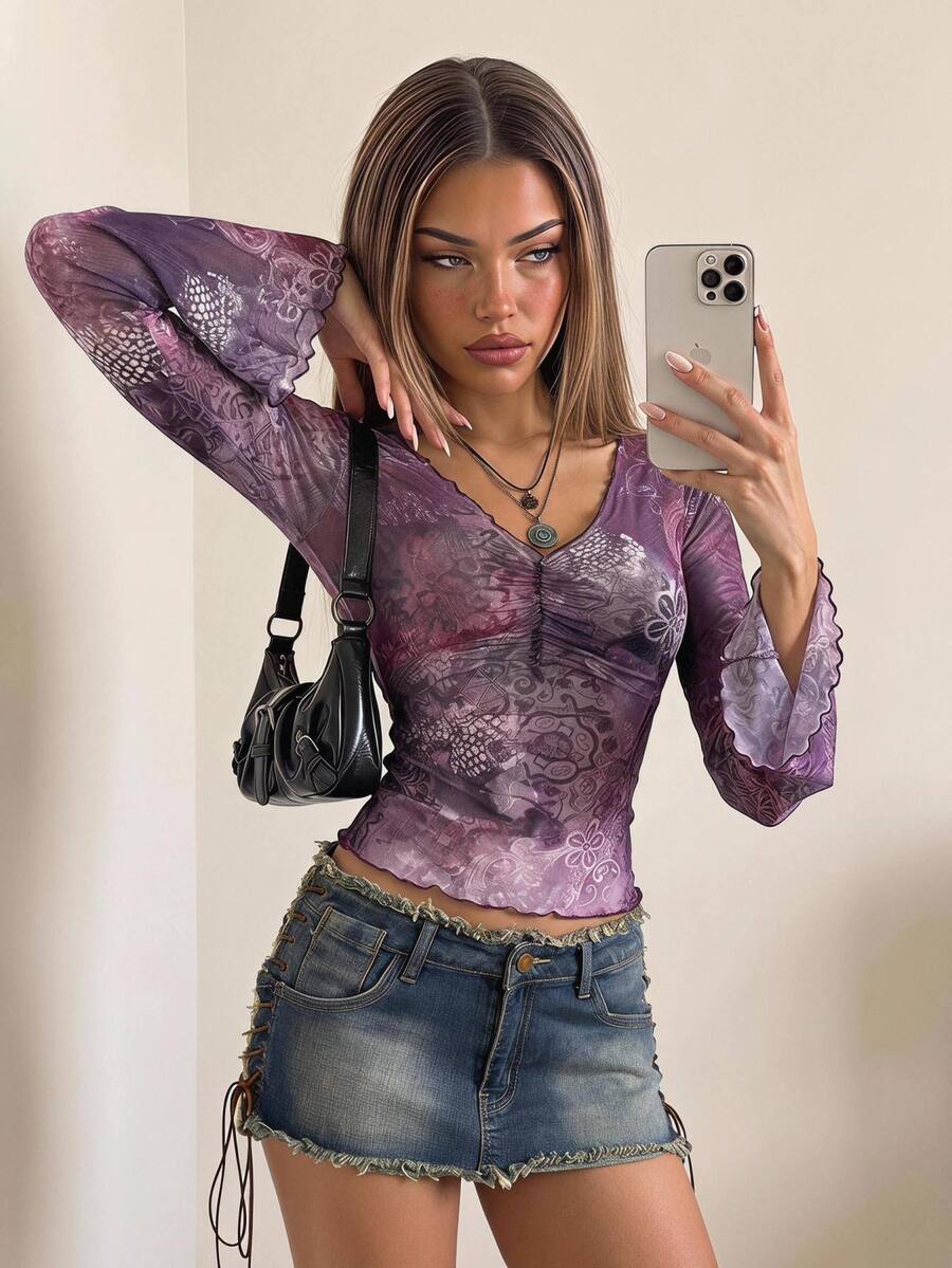 SHEIN ICON 秋季女士西部波西米亚风蓝绿色印花V领褶皱优雅长袖衬衫 - 紫色 - 查看 1