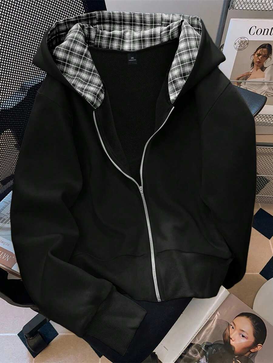 SHEIN LUNE Plus Size Fashionable Casual Style Long Sleeve Plaid Collar Zipper Sweatshirt For Women Fall - Multicolor - View 1